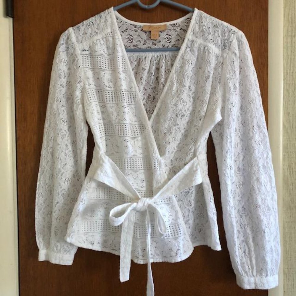 KYRA, white, lace, half wrap-front, blouse with tie up waist, Size Small